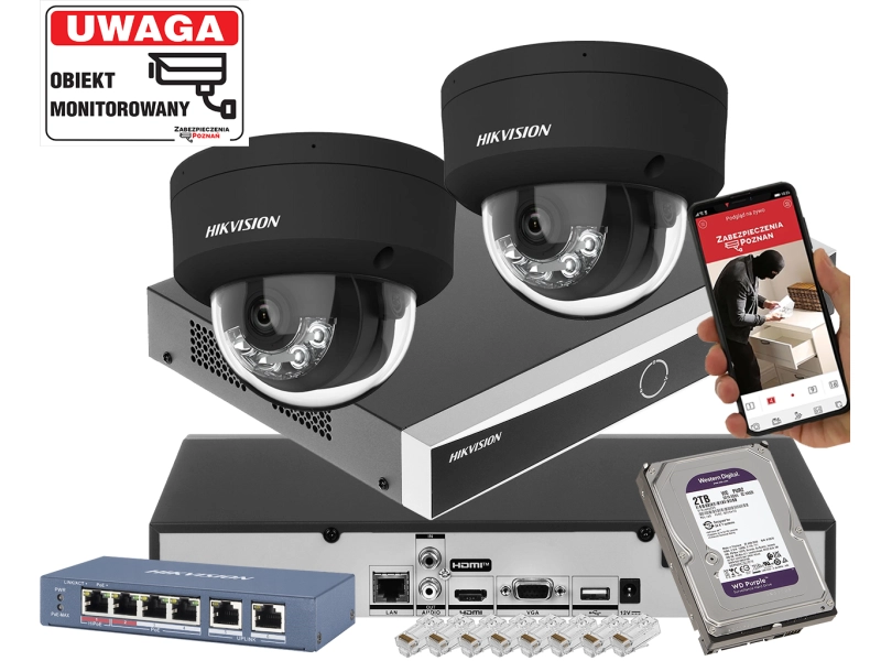 Zestaw monitoringu 2 kamer IP HIKVISION DS-2CD2163G2-LIS2U BLACK 6Mpx Filtrowanie Alarmów Acusense, 3 tryby pracy oświetlacza