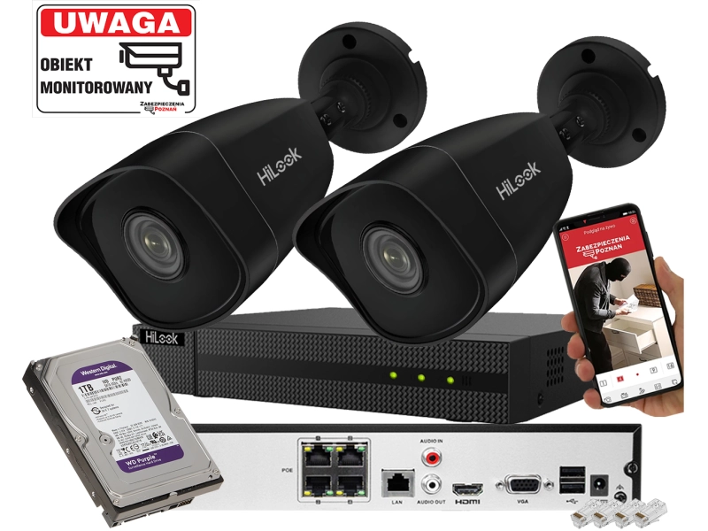 Zestaw monitoringu 2 czarne kamery IP Hikvision IPCAM-B5-BLACK 5Mpx PoE