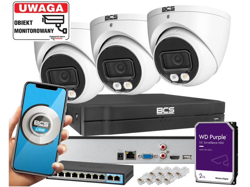 Zestaw monitoringu Domu 3x Kamera kopułowa do rozbudowy IP BCS-L-EIP15FCR3L3-Ai 1 5MPx Dualny oświetlacz LED + IR Night Color, Aplikacja Mikrofon PoE