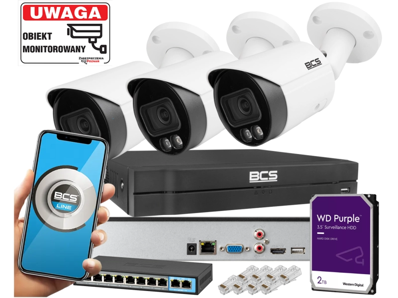 Zestaw monitoringu Domu 3x Kamera tubowa do rozbudowy IP BCS-L-TIP15FCR3L3-Ai1 5MPx Dualny oświetlacz LED + IR Night Color,  Aplikacja Mikrofon PoE