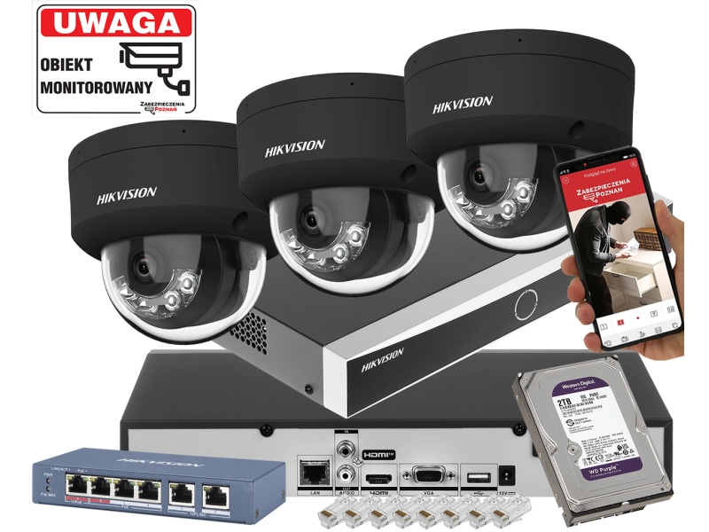 System monitoringu 3 kamer IP HIKVISION DS-2CD2163G2-LIS2U BLACK 6Mpx Filtrowanie Alarmów Acusense, Dualny oświetlacz Smart Hybri