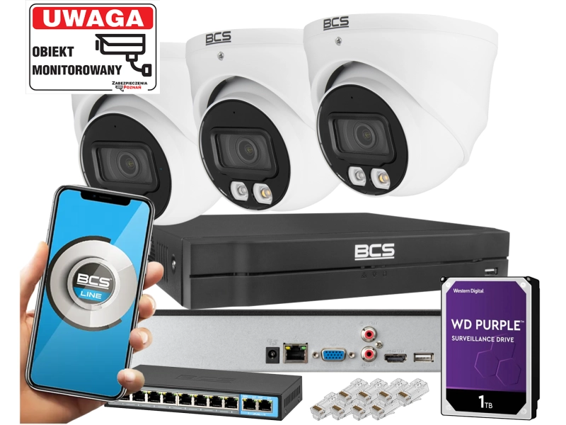 Zestaw monitoringu Biura 3x Kamera BCS-L-EIP14FSR3L3 4MPx Dualny oświetlacz LED + IR Skylight,  Aplikacja Mikrofon PoE