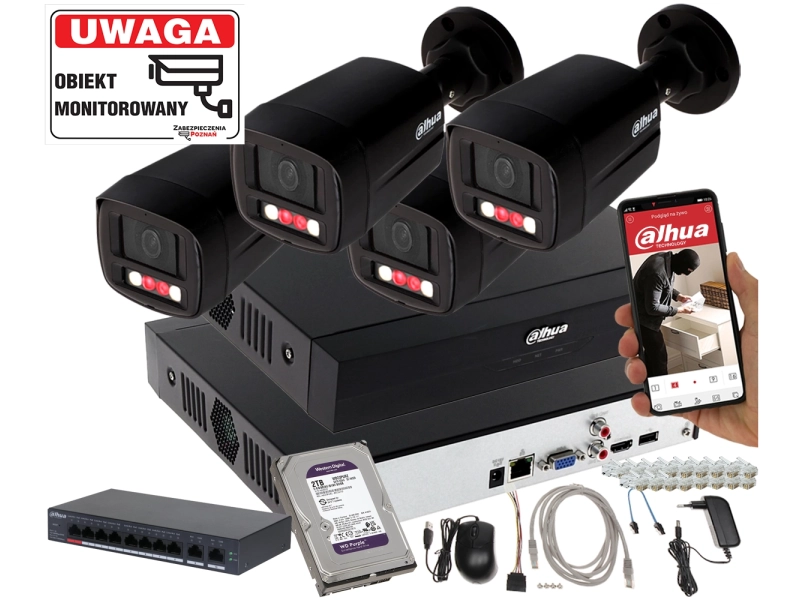 Zestaw 4 kamery IPC-HFW1439TL1-A-IL-Black Smart Dual Light + Rejestrator + Dysk + Switch PoE