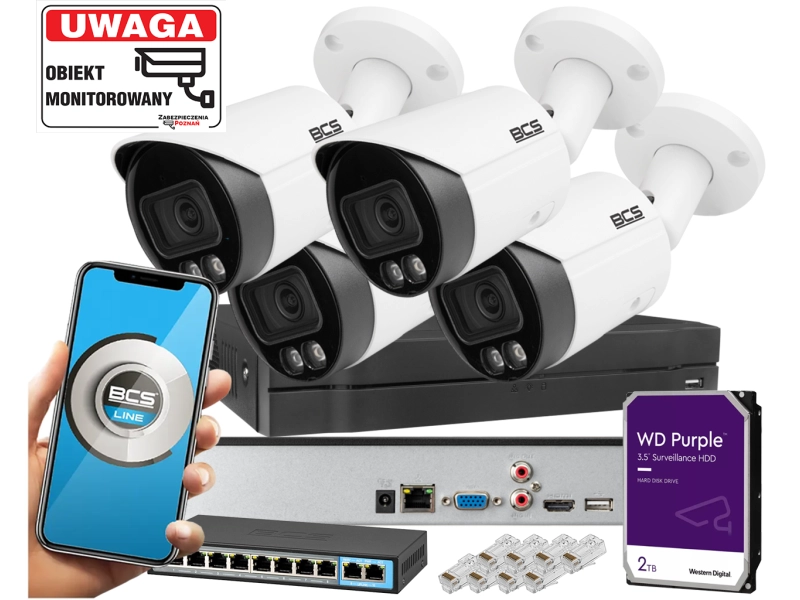 Mocny Zestaw monitoringu IP Inteligentne 4 kamery tubowe IP BCS-L-TIP15FCR3L3-Ai1 5MPx Dualny oświetlacz LED + IR Night Color,  Aplikacja Mikrofon PoE