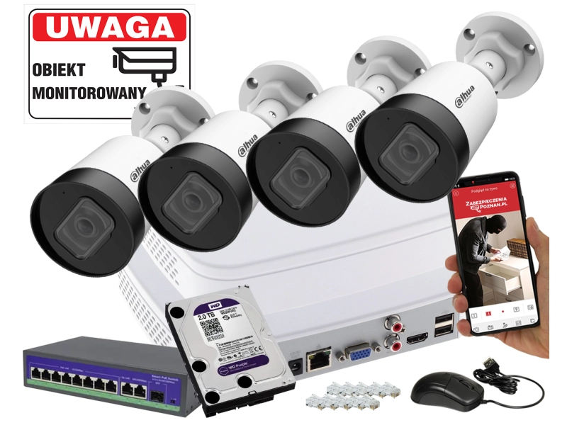 Zestaw monitoringu 4 kamery 5MPx Dahua IPC-HFW1530S-0280B-S6 + Rejestrator + Dysk + Switch PoE