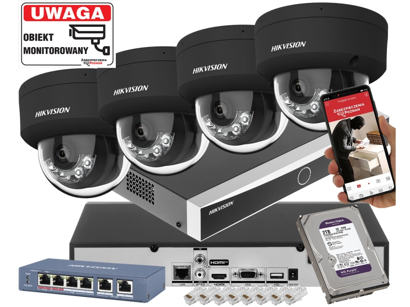 Zestaw monitoringu Domu 4 kopułowe kamery IP HIKVISION DS-2CD2163G2-LIS2U BLACK 6Mpx Filtrowanie Alarmów Acusense, Dualny oświetlacz Smart Hyb