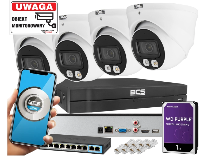 Zestaw monitoringu Domu 4x Kamera kopułowa BCS-L-EIP14FSR3L3 4MPx Dualny oświetlacz LED + IR Skylight,  Aplikacja Mikrofon PoE