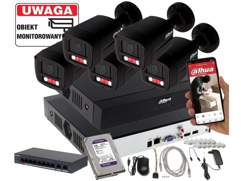 Monitoring Dahua 5 kamer IPC-HFW1439TL1-A-IL-Black Smart Dual Light + Rejestrator + Dysk + Switch PoE