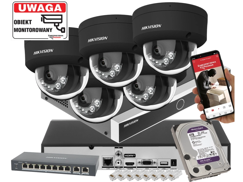 Monitoring Hikvision 5 kamer IP DS-2CD2163G2-LIS2U BLACK 6Mpx Smart Hybrid Light + AcuSense  PoE Mikrofony