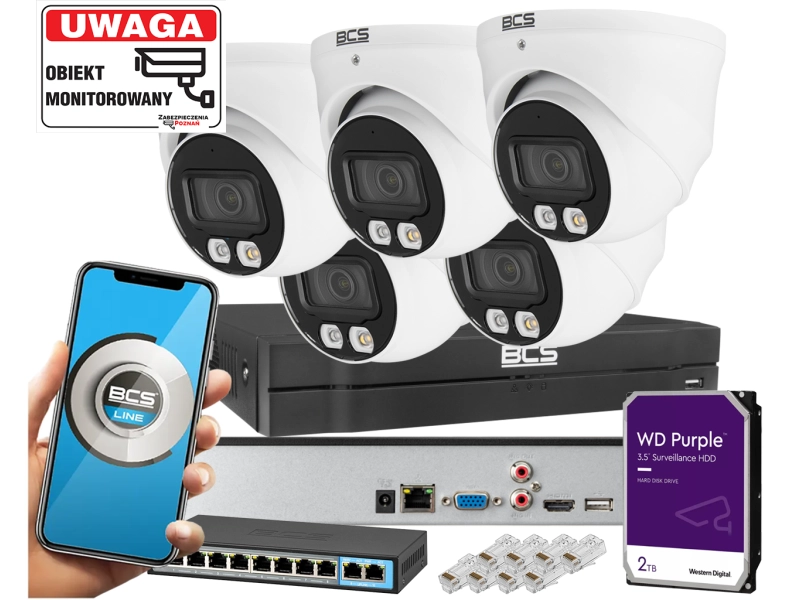 System monitoringu do domu i firmy BCS 5x kamera BCS-L-EIP14FSR3L3 4MPx Dualny oświetlacz LED + IR Skylight,  Aplikacja Mikrofon PoE