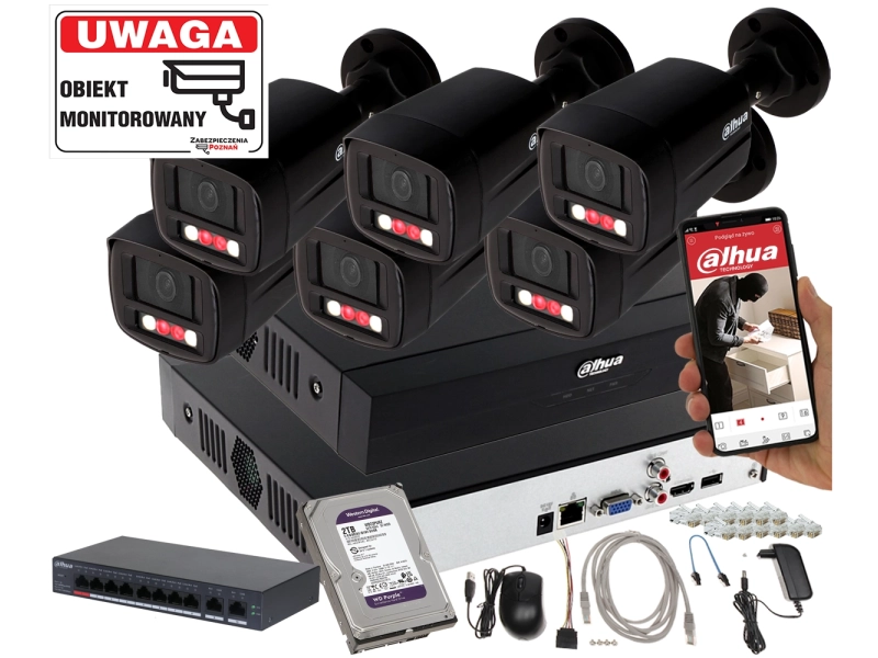 Monitoring 6 kamer Dahua IPC-HFW1439TL1-A-IL-Black Smart Dual Light + Rejestrator + Dysk + Switch PoE