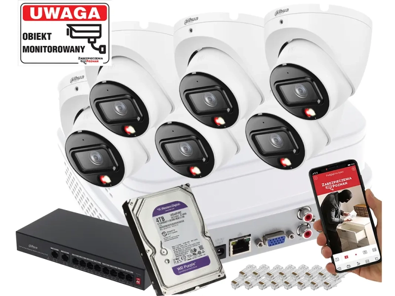 Zestaw monitoringu 6x kamera kopułowa IP 6MPx Dahua IPC-HDW1639T-A-IL-0280B-S6 SMD człowiek + Smart Dual Light + Full-Color 4TB