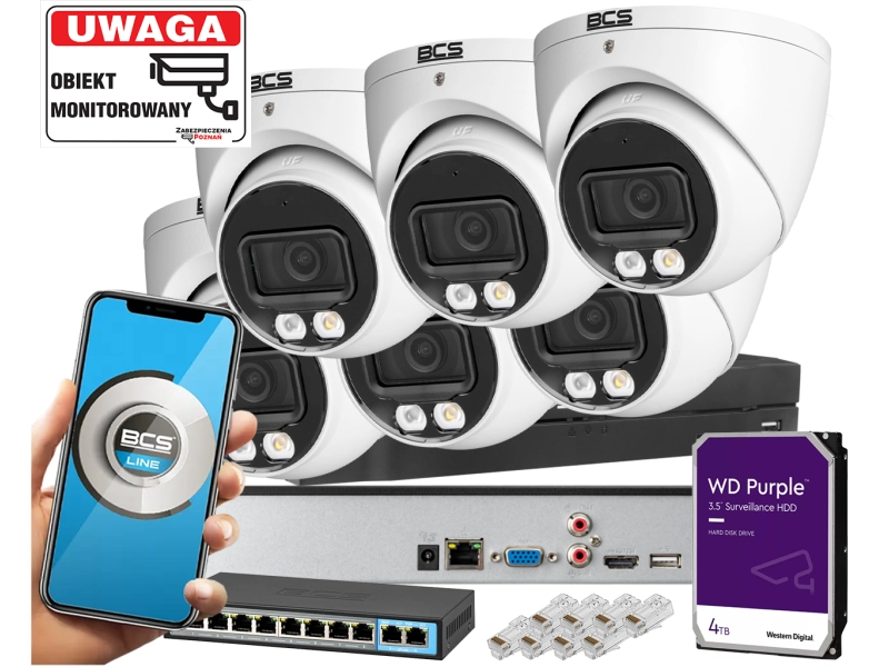 System monitoringu dużego Domu 6x kamera kopułowa IP BCS-L-EIP15FCR3L3-Ai 1 5MPx Dualny oświetlacz LED + IR Night Color, Aplikacja Mikrofon PoE