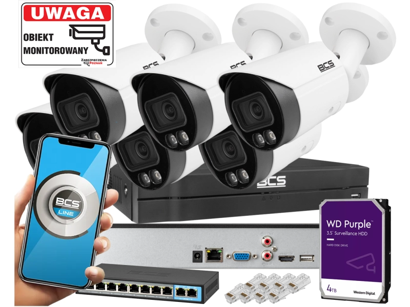 System monitoringu dużego Domu 6x kamera tubowa IP BCS-L-TIP15FCR3L3-Ai1 5MPx Dualny oświetlacz LED + IR Night Color,  Aplikacja Mikrofon PoE