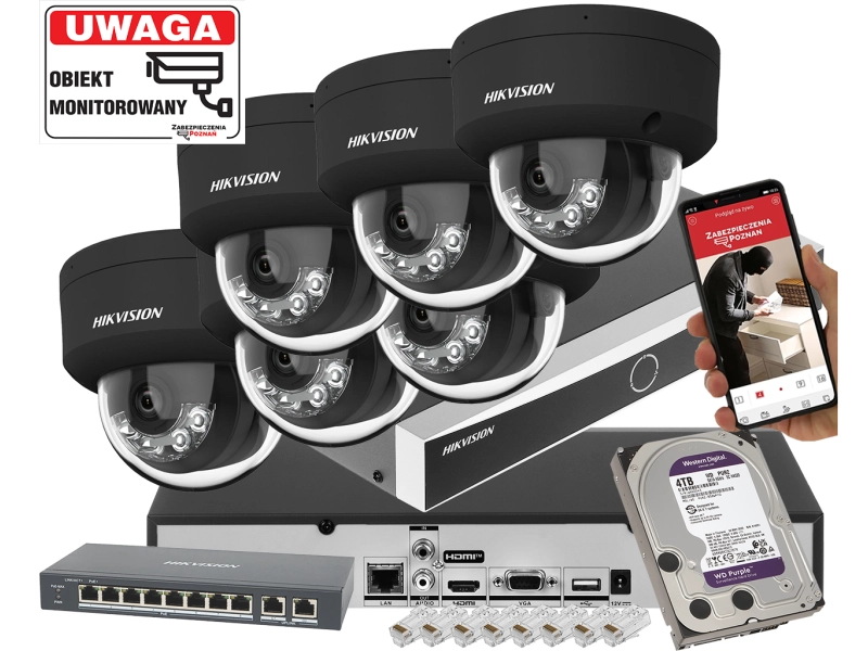 Zestaw monitoringu IP 6x kamera kopułowa DS-2CD2163G2-LIS2U BLACK 6Mpx  Smart Hybrid Light + AcuSense  PoE Mikrofony