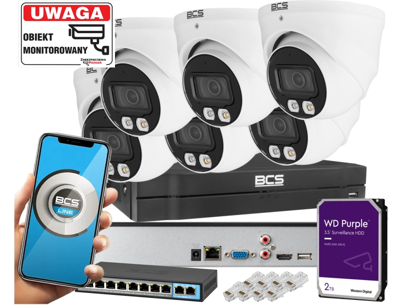 System monitoringu firmy 6 kamer IP BCS-L-EIP14FSR3L3 4MPx Dualny oświetlacz LED + IR Skylight,  Aplikacja Mikrofon PoE