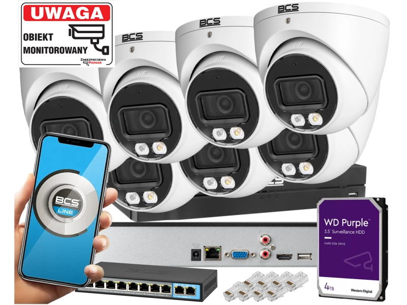 System monitoringu Parkingu 7x kamera kopułowa IP BCS-L-EIP15FCR3L3-Ai 1 5MPx Dualny oświetlacz LED + IR Night Color, Aplikacja Mikrofon PoE