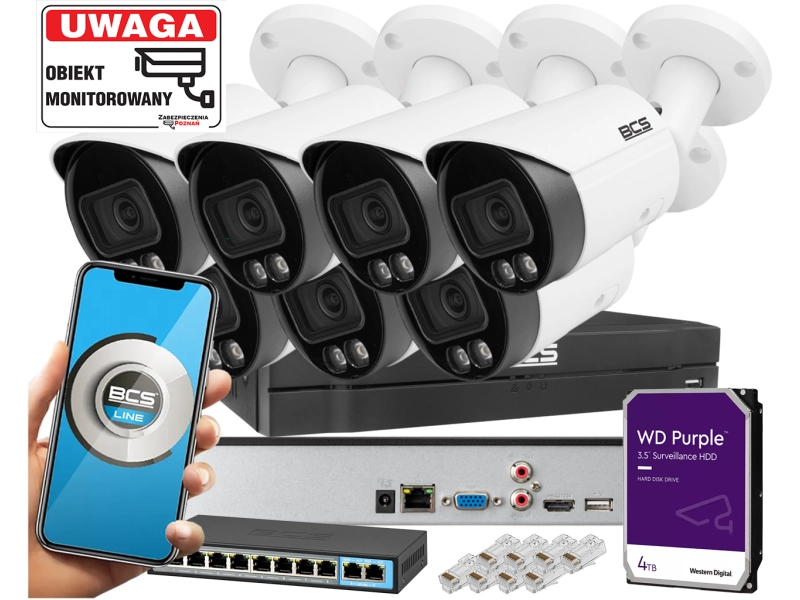 System monitoringu Parkingu 7x kamera tubowa IP BCS-L-TIP15FCR3L3-Ai1 5MPx Dualny oświetlacz LED + IR Night Color,  Aplikacja Mikrofon PoE