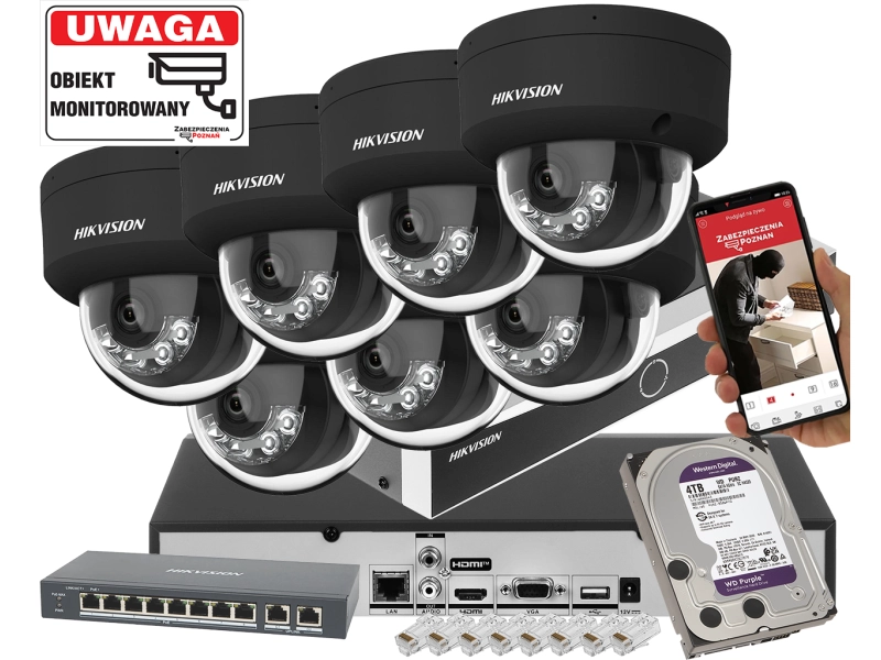 System monitoringu Hikvision 7x kamer DS-2CD2163G2-LIS2U BLACK 6Mpx  Pro Series - Smart Hybrid Light + AcuSense