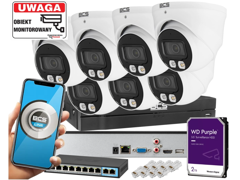 Monitoring domu zestaw 7 kamer kopułowych IP BCS-L-EIP14FSR3L3 4MPx Dualny oświetlacz LED + IR Skylight,  Aplikacja Mikrofon PoE