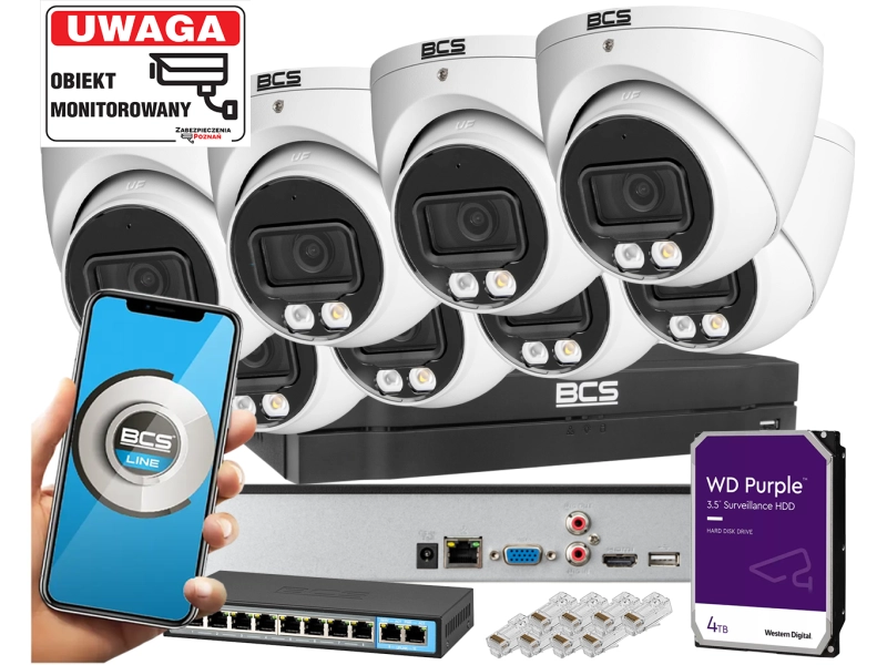 Mocny zestaw monitoringu IP 8x kamera kopułowa IP BCS-L-EIP15FCR3L3-Ai 1 5MPx Dualny oświetlacz LED + IR Night Color, Aplikacja Mikrofon PoE