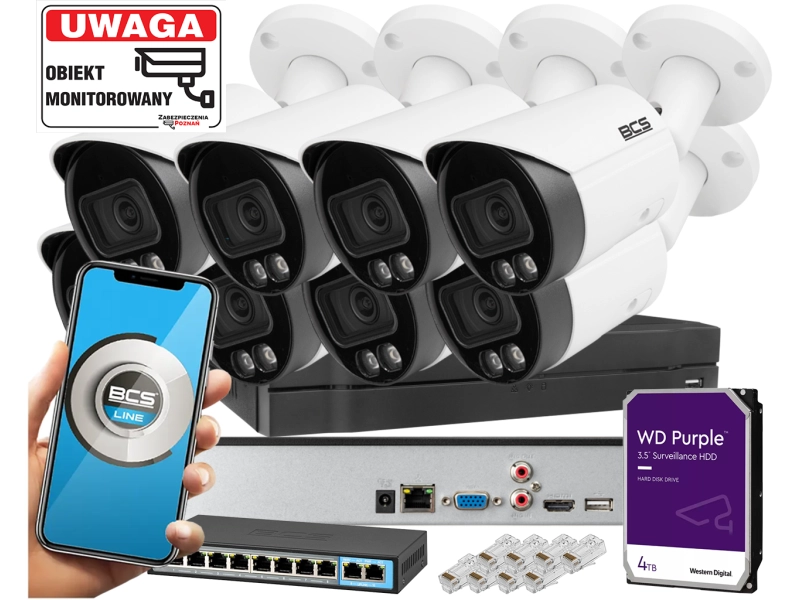 Mocny zestaw monitoringu IP 8x kamera tubowa IP BCS-L-TIP15FCR3L3-Ai1 5MPx Dualny oświetlacz LED + IR Night Color,  Aplikacja Mikrofon PoE