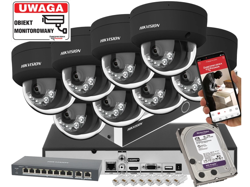 Mocny zestaw monitoringu Hikvision Hybrid Light 8x kamer DS-2CD2163G2-LIS2U BLACK 6Mpx Acusense 2x Mikrofon MicroSD