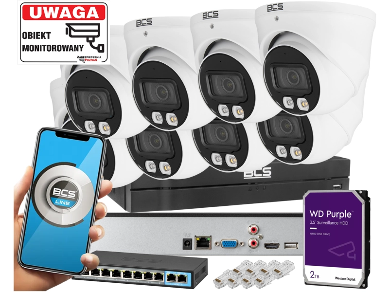 Duży zestaw do monitoringu 8 kamer kopułowych IP BCS-L-EIP14FSR3L3 4MPx Dualny oświetlacz LED + IR Skylight,  Aplikacja Mikrofon PoE