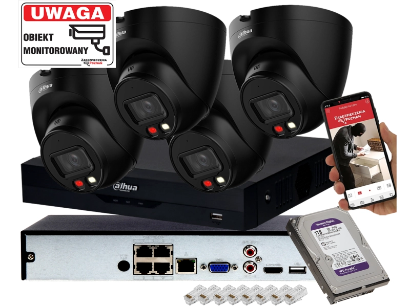Zestaw monitoringu Domu 4 kamery IP kopułowe Dahua IPC-HDW1439V-A-IL-BLACK 4MPx z Podwójnym Oświetlaczem i Detekcja ludzi