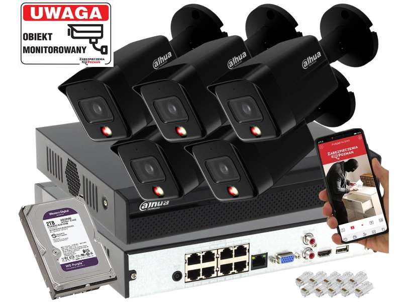 Zestaw monitorimgu posesji 5 kamer IP Dahua IPC-HFW1639TC-A-IL-0280B-S6 BLACK 6MPx Podwójny oświetlacz
