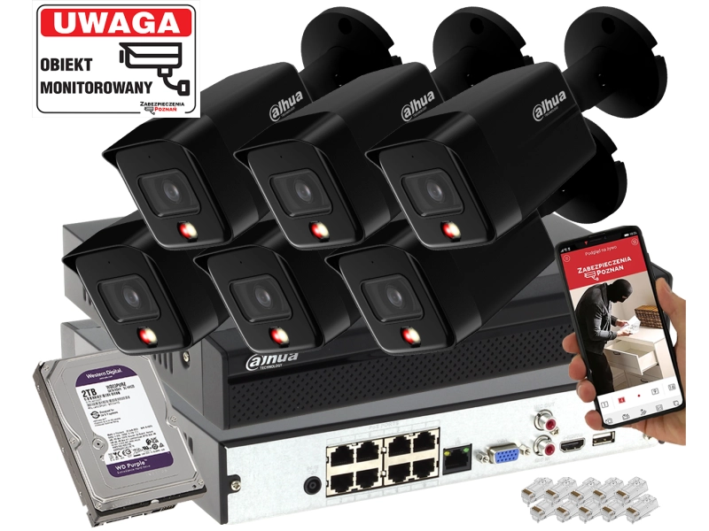 Zestaw monitoringu 6 kamera IP Dahua IPC-HFW1639TC-A-IL-0280B-S6 BLACK 6MPx Podwójny oświetlacz