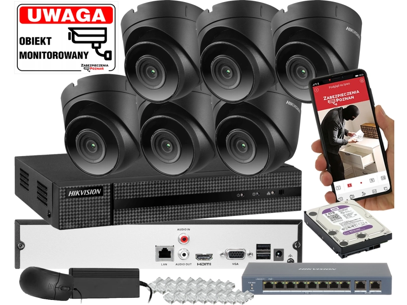 Zestaw monitoringu domu 6 kamer IP Hikvision IPCAM-T4 Black 4MPx do rozbudowy o 2 kamery