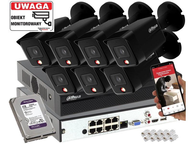 System monitoringu podwórka 7 kamer IP Dahua IPC-HFW1639TC-A-IL-0280B-S6 BLACK 6MPx Podwójny oświetlacz