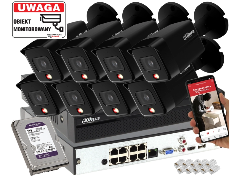 Zestaw monitoringu Domu 8 kamer IP Dahua IPC-HFW1639TC-A-IL-0280B-S6 BLACK 6MPx Podwójny oświetlacz