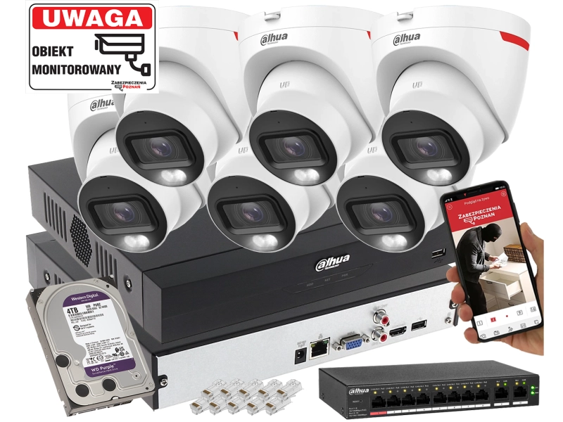 System monitoringu IP Dahua 6x kamera IPC-HDW2849T-S-LED-0280B-PRO 8MPx WizSense WizColor SMD PLUS Mikrofon