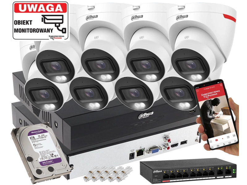Profesjonalny zestaw do monitoringu firmy IP 8x kamera IPC-HDW2849T-S-LED-0280B-PRO 8MPx WizSense WizColor SMD PLUS Mikrofon