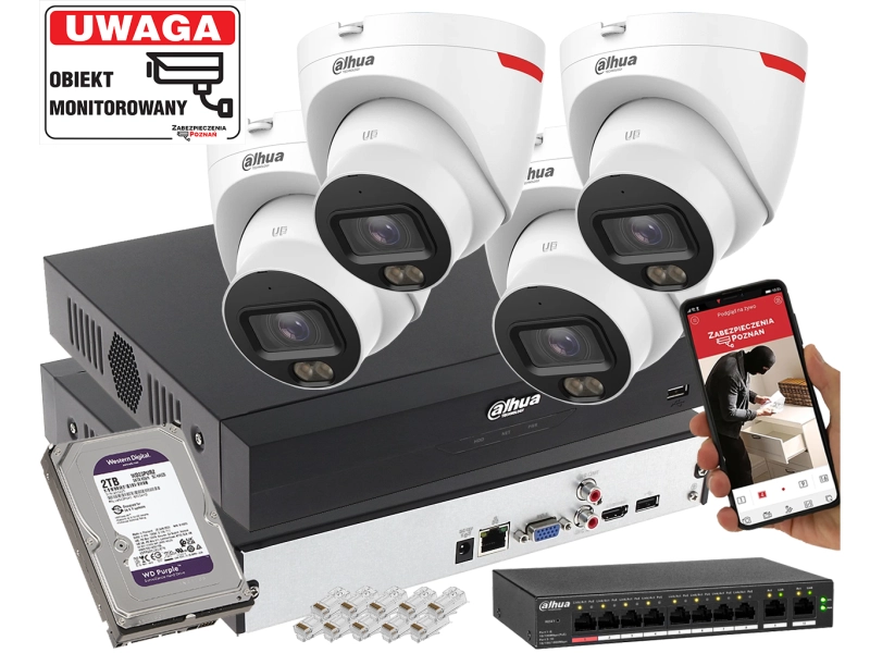 Zestaw monitoringu Domu IP Dahua 4x IPC-HDW2849T-S-LED-0280B-PRO 8MPx WizSense WizColor SMD PLUS Mikrofon