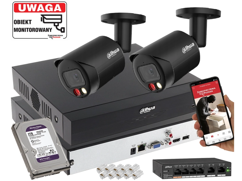 Mały zestaw monitoringu IP Dahua 2 kamera tubowa IPC-HFW2849S-S-IL-0280B-Black 8MPx Wykrywanie dźwięku, Podwójny oświetlacz, Analityka