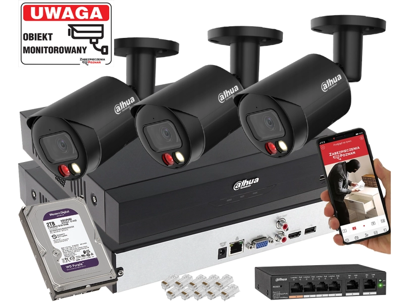 Zestaw monitoringu IP Dahua 3 kamera tubowa IPC-HFW2849S-S-IL-0280B-Black 8MPx Wykrywanie dźwięku, Podwójny oświetlacz, Analityka
