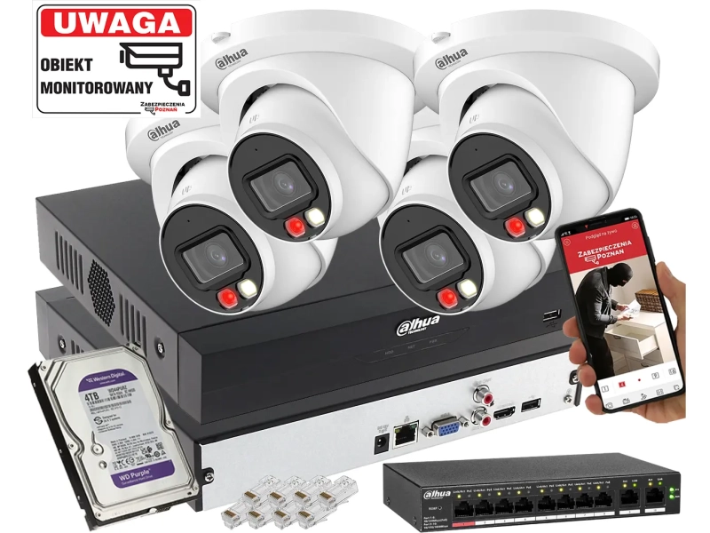 Zestaw monitoringu na 4 kamery IP Dahua IPC-HDW2649TM-S-IL-0280B 6MPx WizSense Smart Dual Light Zapis 4TB