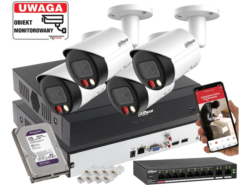Zestaw monitoringu z możliwością rozbudowy IP Dahua 4x IPC-HFW2849S-S-IL-0280B 8MPx Wykrywanie dźwięku, Podwójny oświetlacz, Analityka