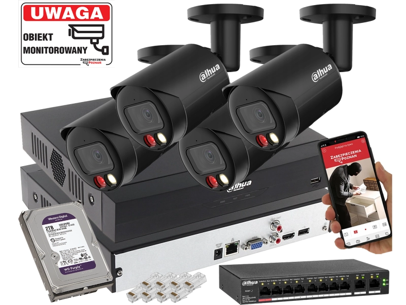 Zestaw monitoringu IP Dahua 4x IPC-HFW2849S-S-IL-0280B-Black 8MPx Wykrywanie dźwięku, Podwójny oświetlacz, Analityka