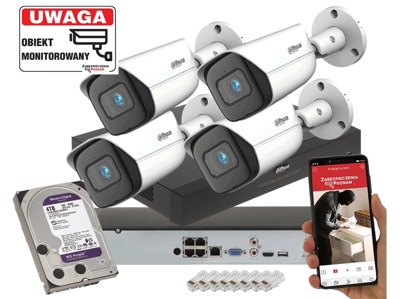 Zestaw mocnych kamer IP do domu Dahua 4x Kamera IPC-HFW3842E-AS-0280B 8MPx Wizsense AI SSA SMD
