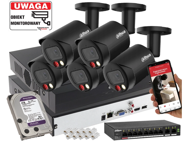 Monitoring domu IP Dahua 5x IPC-HFW2849S-S-IL-0280B-Black 8MPx Wykrywanie dźwięku, Podwójny oświetlacz, Analityka