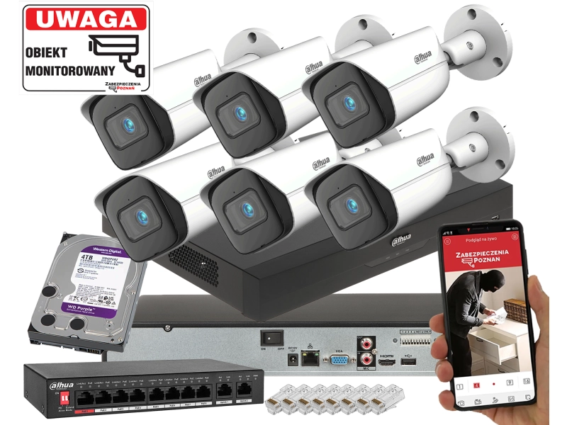 Mocny Zestaw Monitoringu IP DAHUA 6 kamer IPC-HFW3842E-AS-0280B 8Mpx Analityka AI SMD + WizSense