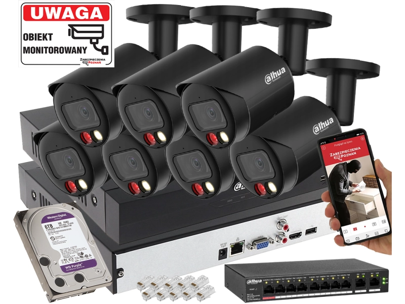Zestaw mocnych zewnętrznych kamer IP Dahua 7x IPC-HFW2849S-S-IL-0280B-Black 8MPx Wykrywanie dźwięku, Podwójny oświetlacz, Analityka