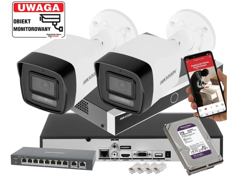 Zestaw monitoringu IP Hikvision 2x DS-2CD1041G2-LIU 4Mpx Podświetlanie hybrydowe Detekcja człowieka Dysk 2TB