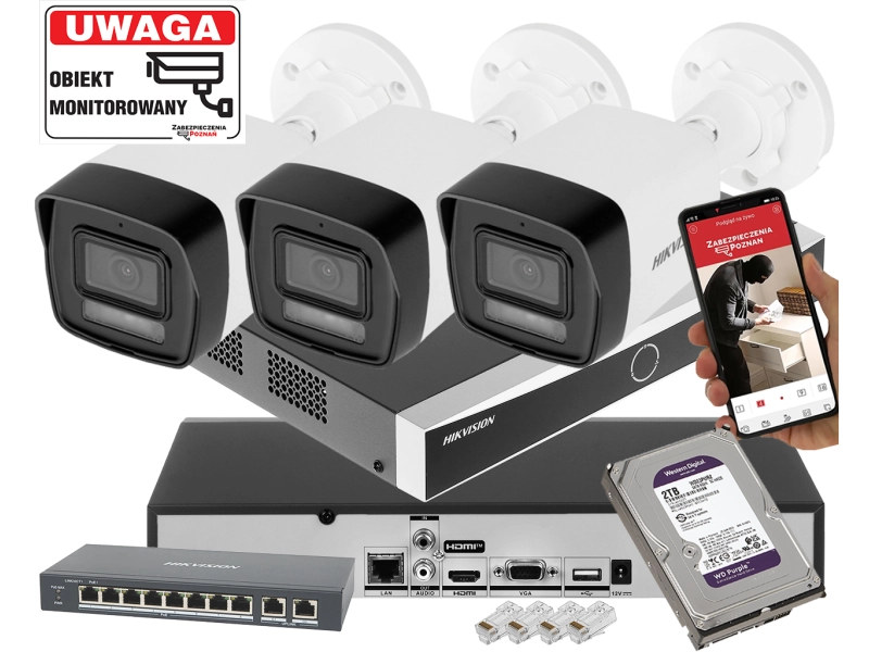 System monitoringu IP do rozbudowy Hikvision 3x DS-2CD1063G2-LIU 6Mpx Oświetlacz hybrydowy IR + LED Ulepszona Detekcja 2.0 Odstarszanie
