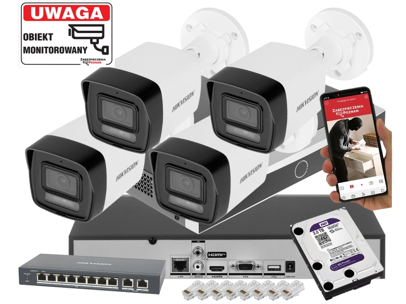 Zestaw monitoringu IP Hikvision 4x DS-2CD1083G2-LIU 8Mpx Nowy Model ze światłem hybrydowym i detekcja 2.0