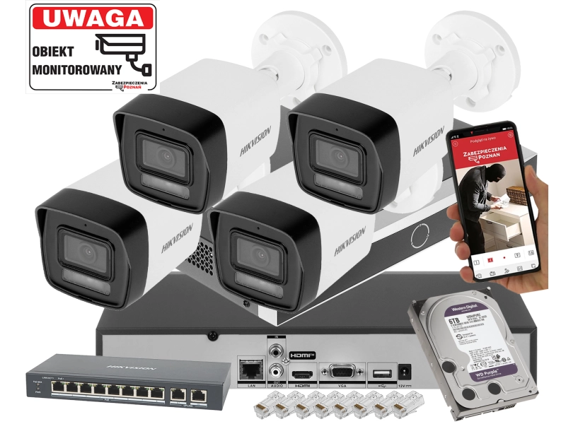 Zestaw monitoringu IP Hikvision 4x DS-2CD1083G2-LIUF/SL 8Mpx Oświetlacz hybrydowy Detekcja 2.0 Live Gurad 6TB